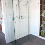 opto frameless shower screen with two shower heads